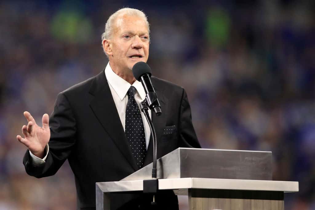Colts Owner Jim Irsay talks at a home game.