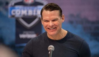 Colts GM Chris Ballard talks to the media during the NFL Combine.