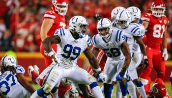 Colts defensive end Justin Houston reacts after a sack in 2019