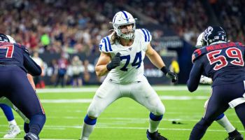 Colts left tackle Anthony Castonzo gets ready to block in a game against the Texans.