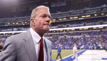 Colts owner Jim Irsay walks off the field at Lucas Oil Stadium