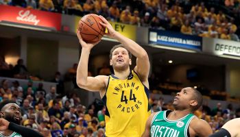 Bojan Bogdanovic drives by Al Horford in a playoff game in Indianapolis
