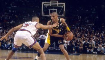 Pacers guard Reggie Miller makes a play against John Starks of the New York Knicks at Madison Square Garden