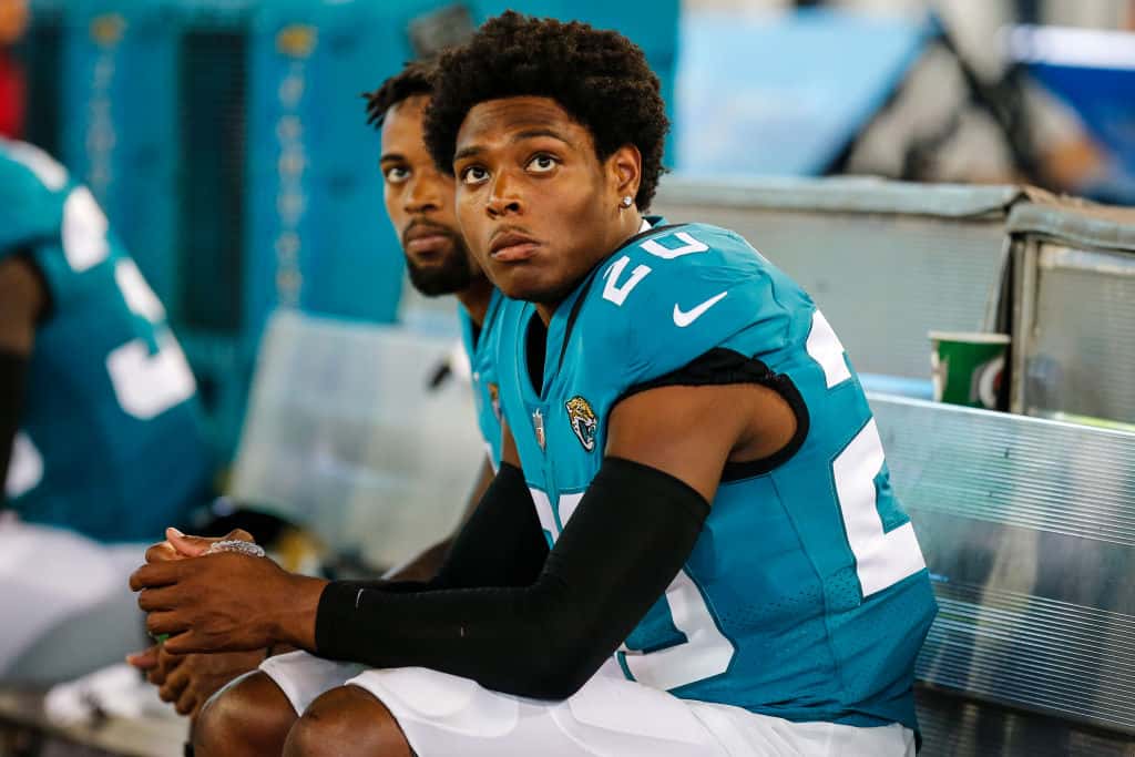 Jalen Ramsey on the bench during the game between the New Orlenas Saints and the Jaguars.