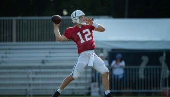 Colts quarterback Andrew Luck rears back to throw a pass during Training Camp practice at Grand Park.