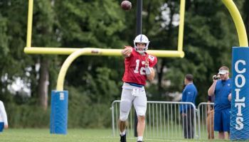 Quarterback Andrew Luck #12 of the Indianapolis Colts runs through a drill during the Colts' training camp at Grand Park