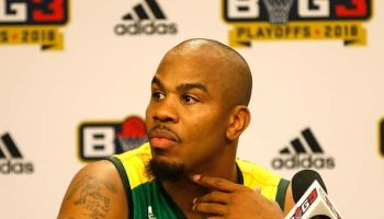 Andre Owens #20 of the Ball Hogs visits with the media after defeating the Ghost Ballers during week nine of the BIG3
