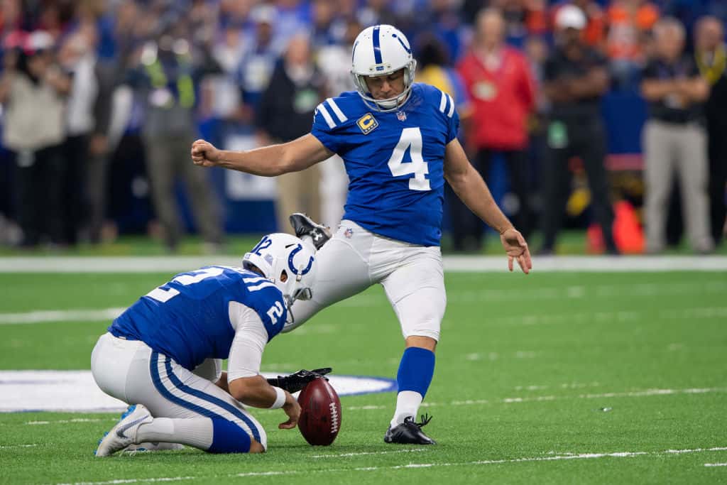 Colts kicker Adam Vinatieri follows through on a field goal attempt during the 2018 season.
