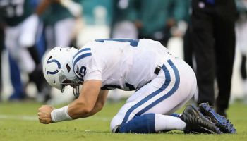 Colts quarterback Andrew Luck pounds the ground after an incomplete pass against the Eagles in Week Three.