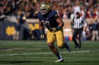 Notre Dame Fighting Irish defensive lineman Jerry Tillery (99) rushes into the backfield in a game against Pitt.