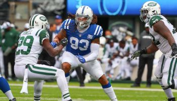 Colts defensive end Jabaal Sheard tries to rush the passer against the Jets in October of the 2018 season.