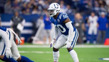 Colts linebacker Anthony Walker lines up before a snap in a 2018 game at Lucas Oil Stadium.