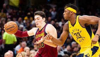 Pacers center Myles Turner plays defense in a 119-107 win over the Cleveland Cavaliers.