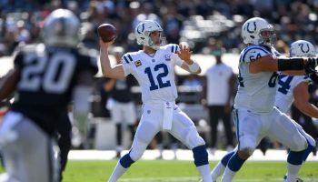 Colts quarterback Andrew Luck attempts a pass during a 42-28 victory over the Raiders in Week Eight.