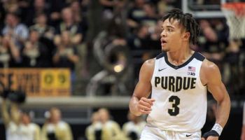 Purdue guard Carsen Edwards back pedals on defense during a game against Fairfield at Mackey Arena on November 6, 2018.