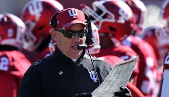 Indiana Hoosiers Head Coach Tom Allen looks over his play sheet during the Big Ten conference college football game between the