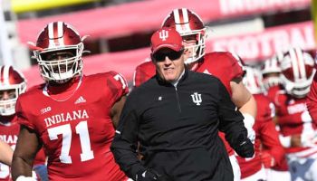 Indiana Hoosiers Head Coach Tom Allen leads his team on to the field before a game against Maryland.