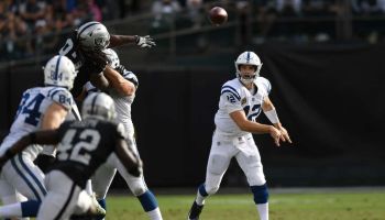 Colts quarterback Andrew Luck tries to fit pass in during a Week Eight win over the Raiders.