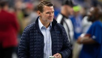 Colts general manager Chris Ballard walks up and down the sideline during a 2018 game.