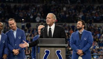 Colts Owner Jim Irsay speaks at a 2018 Ring of Honor ceremony for Reggie Wayne.
