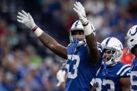 Colts rookie linebacker Darius Leonard celebrates a sack during a game between the Indianapolis Colts and Miami Dolphins