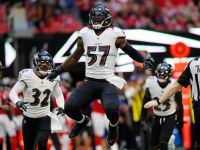 C.J. Mosley #57 of the Baltimore Ravens reacts after a defensive stop against the Atlanta Falcons at Mercedes-Benz Stadium
