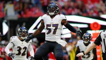 C.J. Mosley #57 of the Baltimore Ravens reacts after a defensive stop against the Atlanta Falcons at Mercedes-Benz Stadium