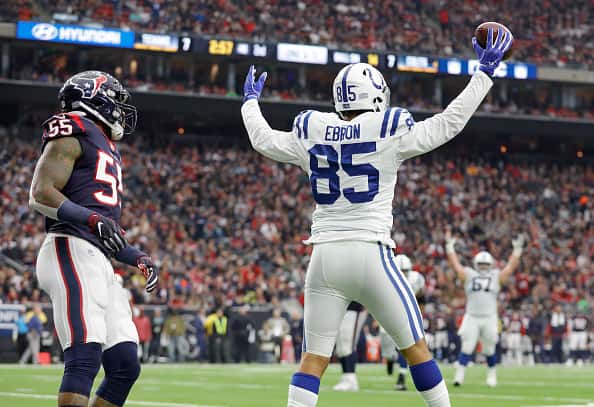 Eric Ebron #85 of the Indianapolis Colts celebrates a touchdown reception against the Houston Texans in the second quarter at NR