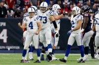 Colts kicker Adam Vinatieri celebrates a huge 54-yard field goal in a win over the Texans during the 2018 season.
