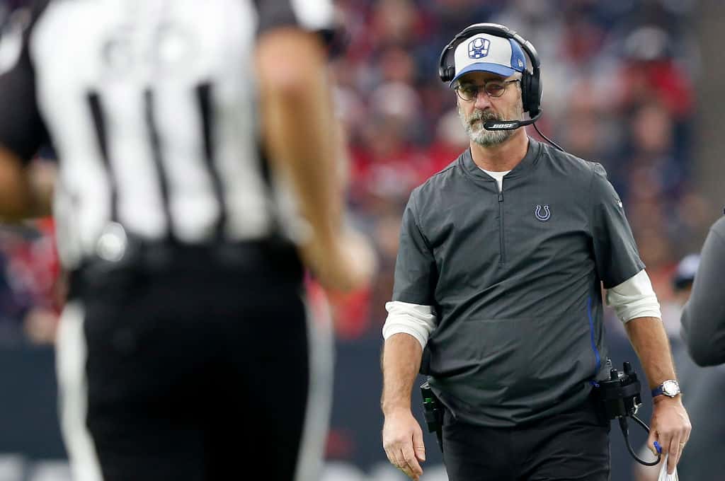 Colts head coach Frank Reich looks down the sideline during a game against the Houston Texans during the 2018 season.