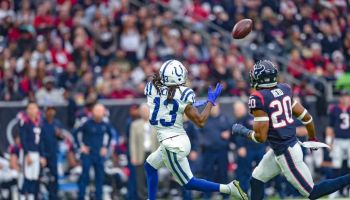 Colts wide receiver T.Y. Hilton hauls in a 60-yard pass against the Texans during the 2018 season.
