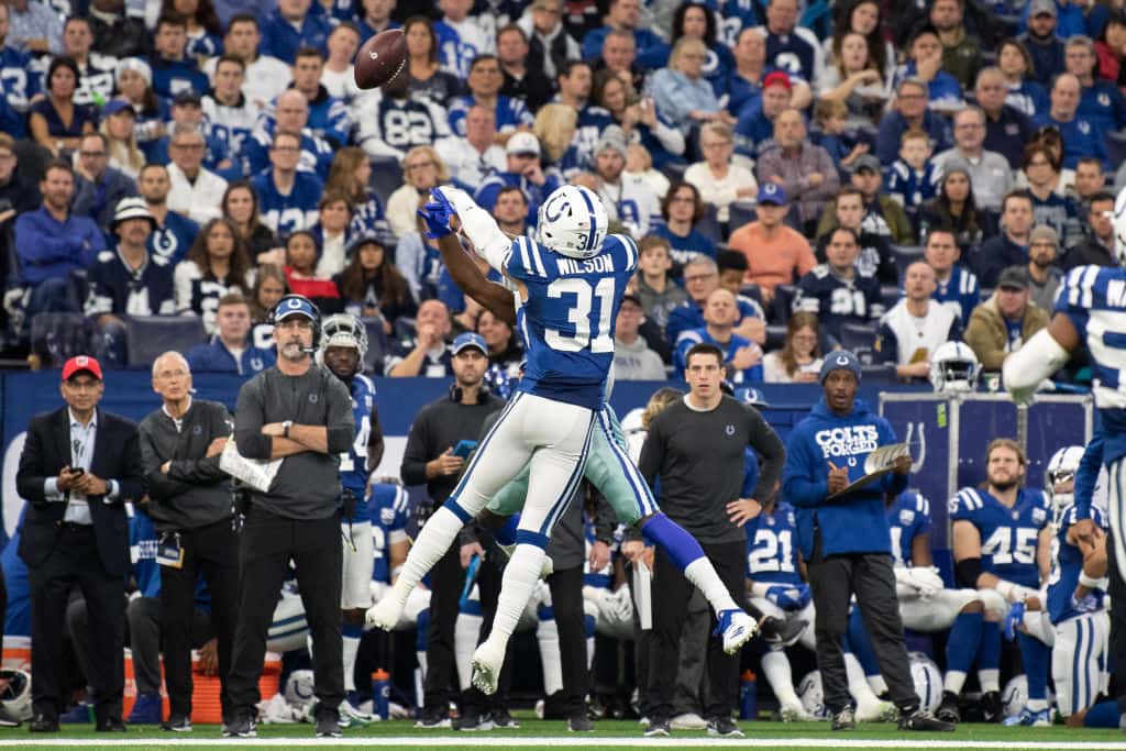 Colts cornerback Quincy Wilson tries to make an interception against the Cowboys in December 2018.