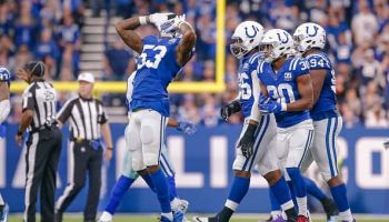 Darius Leonard #53 of the Indianapolis Colts reacts after a play during the game against the Dallas Cowboys