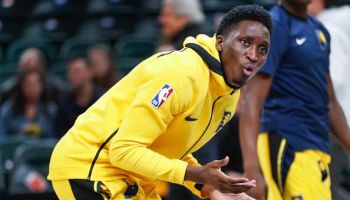 Victor Oladipo #4 of the Indiana Pacers is seen before the game against the Atlanta Hawks at Bankers Life Fieldhouse.