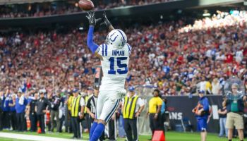 Colts wide receiver Dontrelle Inman catches a touchdown pass against the Texans in a Wild Card win during the 2018 season.