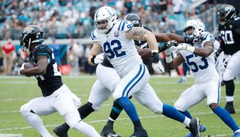 Colts defensive lineman tries to chase down a runner during a 2018 game against the Jaguars.