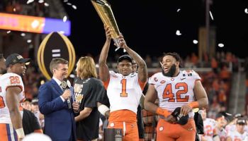 Clemson Tigers cornerback Trayvon Mullen (1) celebrates with the championship trophy after the Clemson Tigers defeated Alabama