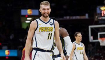Pacers forward Domantas Sabonis smiles during a win over the Cavs during January 2019.