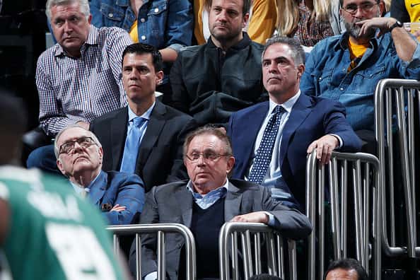 Indiana Pacers president of basketball operations Kevin Pritchard (right) and general manager Chad Buchanan (left) look on durin