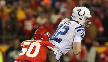 Kansas City Chiefs outside linebacker Justin Houston (50) sacks Indianapolis Colts quarterback Andrew Luck