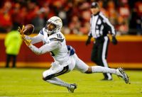 Wide receiver Tyrell Williams #16 of the Los Angeles Chargers makes a second quarter pass catch against the Kansas City Chiefs