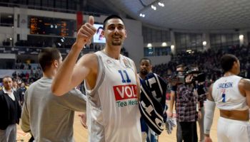 New Pacers center Goga Bitadze puts up a finger after game in Europe during the 2018-19 season.