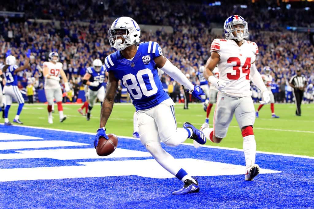 Colts wide receiver Chester Rogers scores a touchdown in a Week 16 game against the Giants in December 2018.