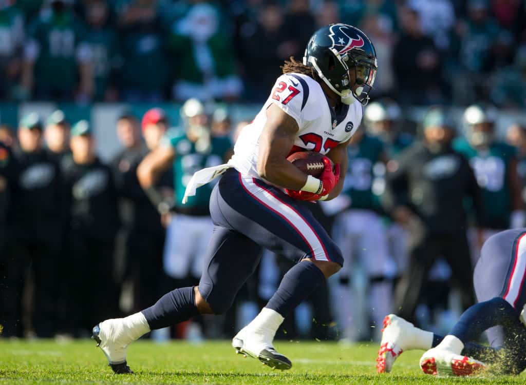 Former Texans running back D'onta Foreman carries the ball in a 2018 game against the Eagles.