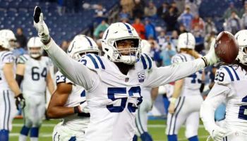 Darius Leonard #53 of the Indianapolis Colts celebrates after a touchdown against the Tennessee Titans