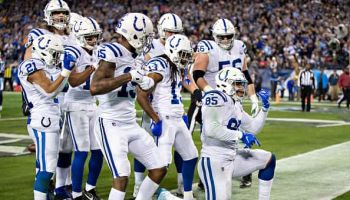 Eric Ebron #85 of the Indianapolis Colts celebrates after catching a touchdown pass during a game against the Tennessee Titans
