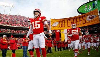 Quarterback Patrick Mahomes #15 of the Kansas City Chiefs during player introductions prior to the game against the Oakland Raid