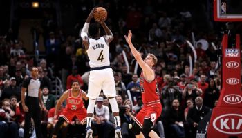 Pacers shooting guard Victor Oladipo rises for a huge three-pointer over the Bulls in January 2019.