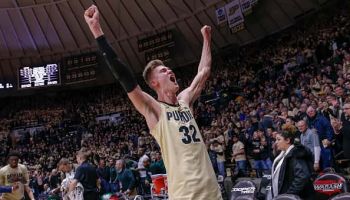 Matt Haarms #32 of the Purdue Boilermakers celebrates after the game against the Michigan State Spartans