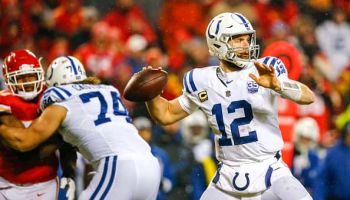 Quarterback Andrew Luck #12 of the Indianapolis Colts throws a third quarter pass against the Kansas City Chiefs